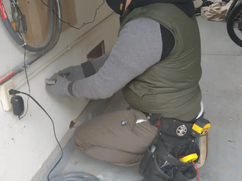 Electrician performing outlet wiring in a Amity garage